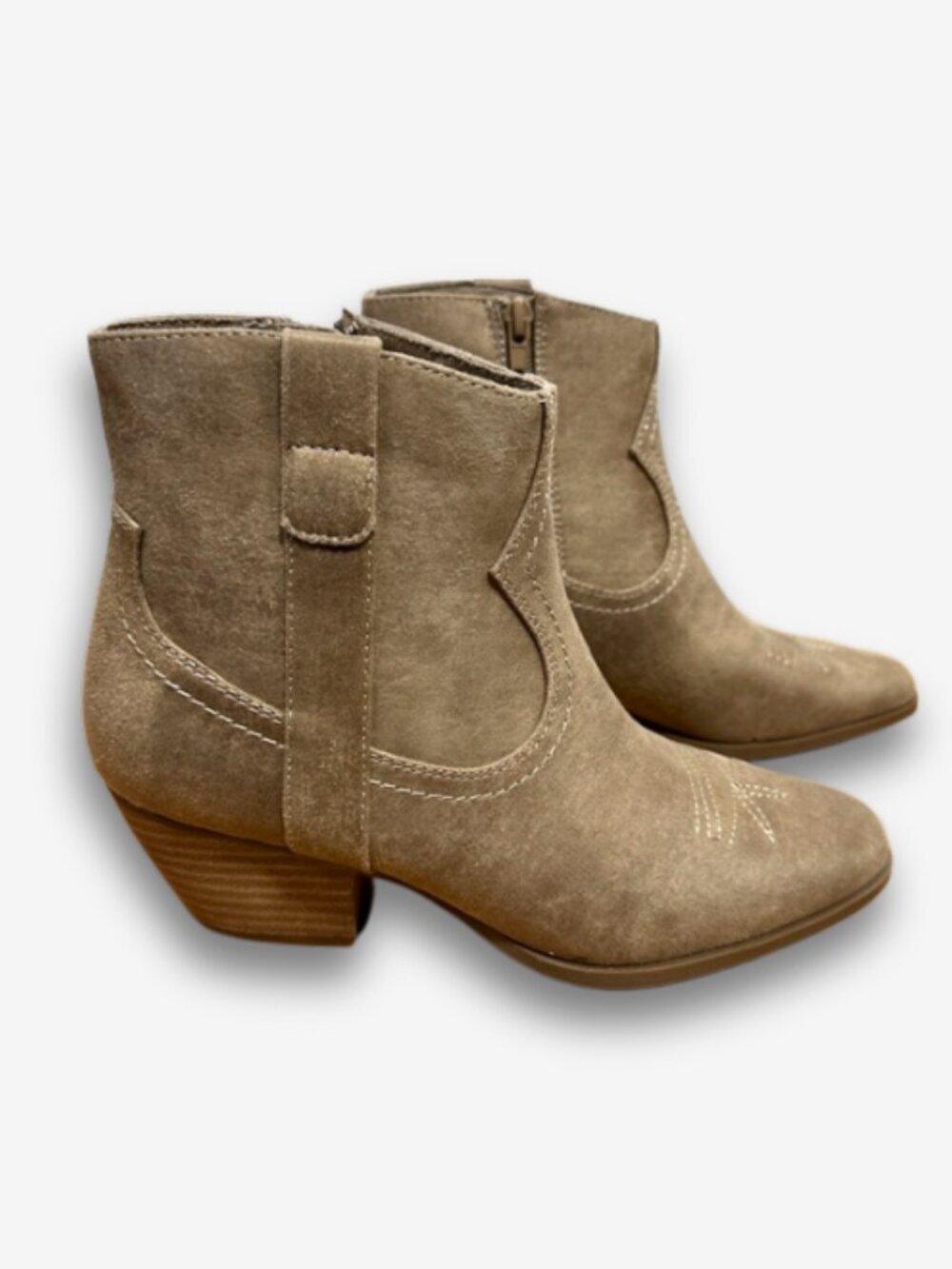 Dolce Vita Western Ankle Boots Tan Faux Suede Cowboy Booties Block Heel Size 6.5